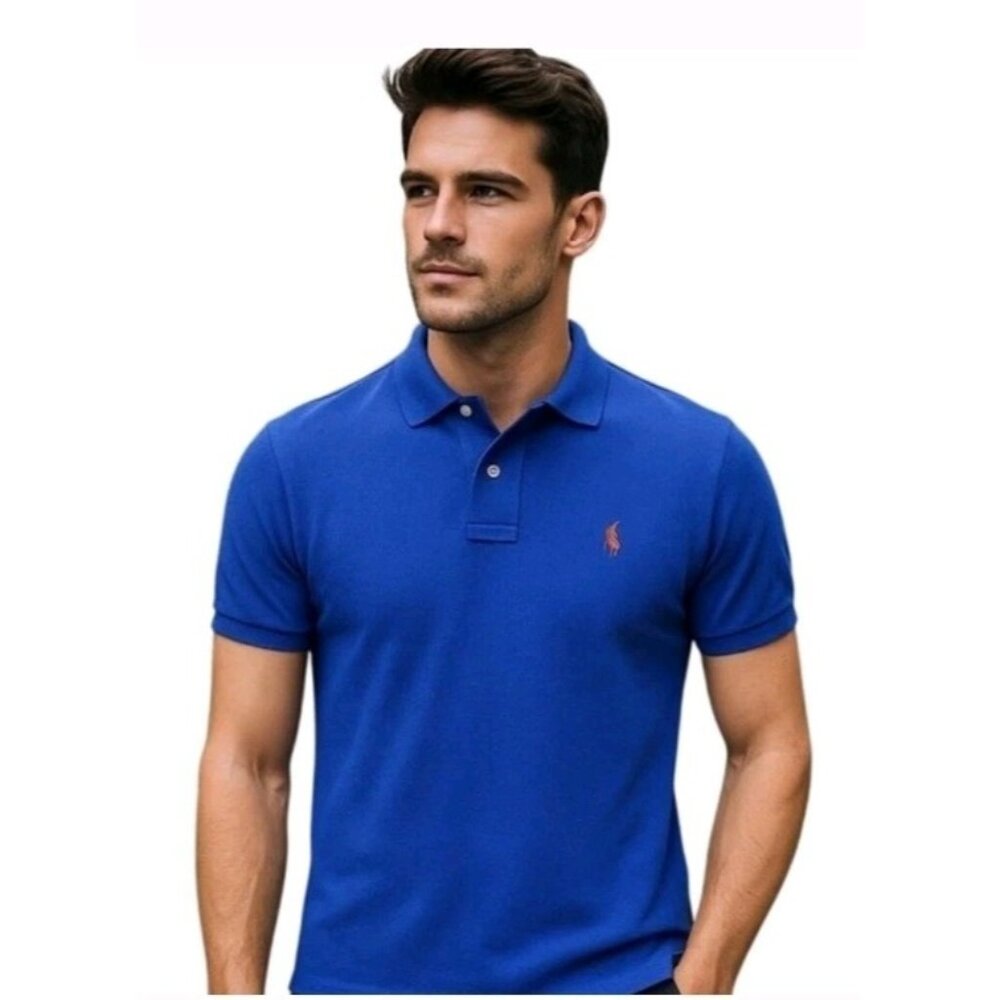 Polo Ralph Lauren Men's Classic Polo Shirt Royal Blue Orange‎ Pony Logo Large